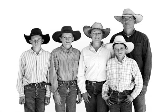 A black and white portrait of a ranching family in Paradise Valley, NV.