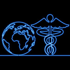 Continuous line drawing World medicine icon neon glow vector illustration concept