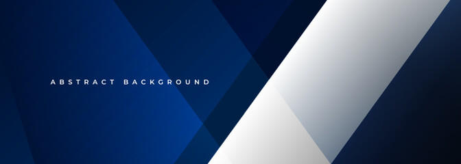 Blue and white modern abstract wide banner with geometric shapes. Dark blue and white abstract background. Vector illustration