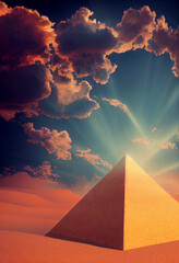Horizontal shot of mystical, magical pyramid with shining light 3d illustrated
