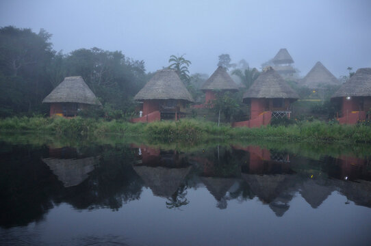 Morning fog cabins, Napo Wildlife Center, Yasuni National Park, Napo Wildlife Center, Quichua Community, Amazonia, Ecuador
