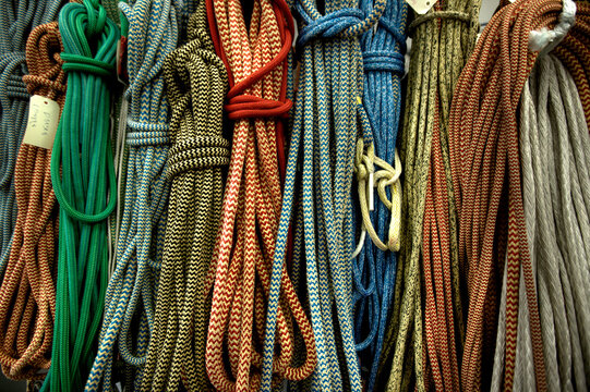 Ropes from the trimaran Sodebo in a shed during a refit after an attempt around the world, in Saint Philibert, Brittany, France.