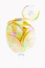 Glass with lemon lime slices cocktail on white background. Colorful drink design concept.