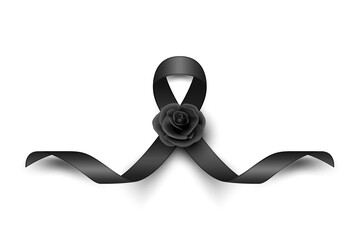 Vector Black Silk Ribbon with Black Rose. Design Template for Funeral Card, Banner, Invitation. Black Awareness Ribbon Isolated on White Background, Icon for Pray, Mourning Symbol - obrazy, fototapety, plakaty