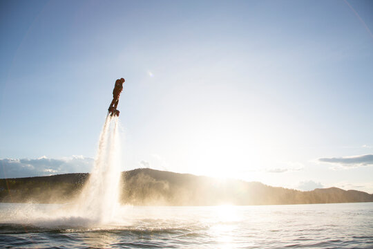 A man flyboards on Whitefish Lake in Whitefish, Montana.