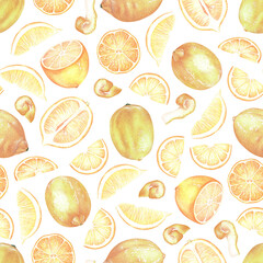 Seamless pattern yellow lemon. Watercolor illustration. Isolated on a white background. For your design fabric, kitchen accessories, product packaging with citrus acid or scent