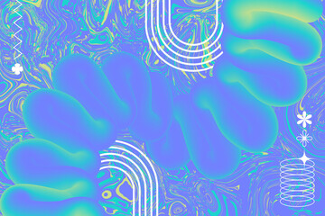 Abstract turquoise, green and blue blank poster. Pastel neon wallpaper. Modern gradient, digital fluid art and white y2k geometric shapes