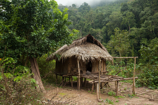 Hut on stilts against mud in Phou Den Din National Protected Area, Laos - Powered by Adobe