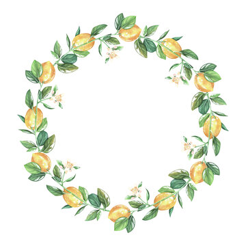 watercolor lemon wreath with green leaves clip art preview