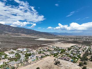 Aerial view of Rancho Cucamonga, located south of the foothills of the San Gabriel Mountains and Angeles National Forest in San Bernardino County, California, United States.