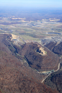 Aerial view of a mountaintop removal coal mining operation in West Virginia.