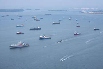 Aerial of Singapore Harbor, one of the busiest shipping ports on earth.