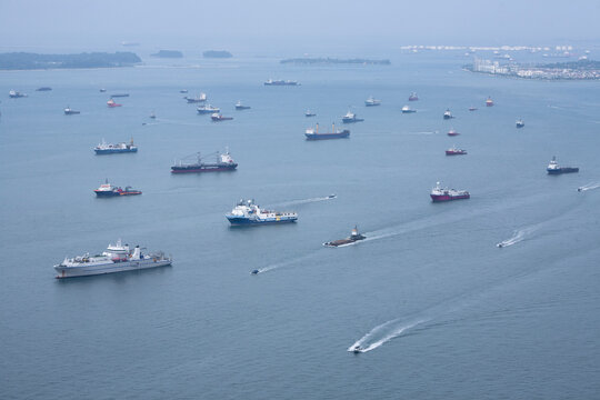Aerial of Singapore Harbor, one of the busiest shipping ports on earth.