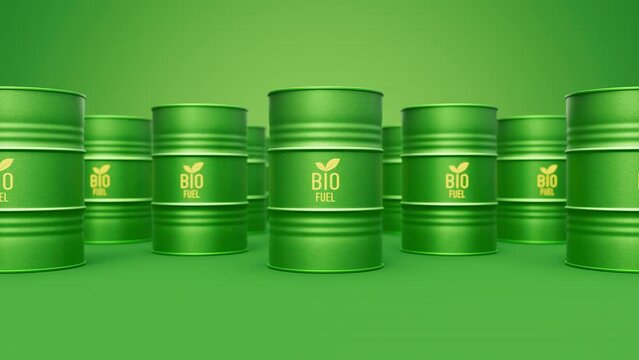 Barrels of biofuel or biodiesel drums grid slowly moves right to left. Sustainable energy concept loopable animation. 3d render