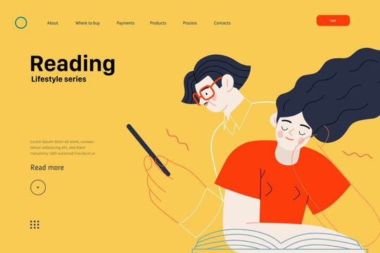 Lifestyle web template - Reading - modern flat vector illustration of a man and a woman reading the books. People activities concept
