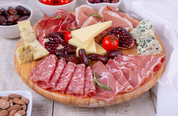 Appetizers table with different antipasti, charcuterie, snacks and cheese. Buffet party.	