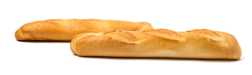 two French mini baguettes close-up on a white background