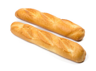 two French mini baguettes close-up on a white background