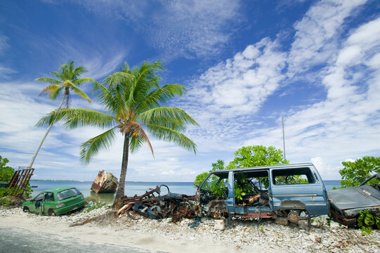 A ship wrecked by Hurricane Bebe on Funafuti atol Tuvalu.