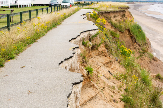 Collapsed coastal road at Barmston on Yorkshires East Coast, near Skipsea, England, UK