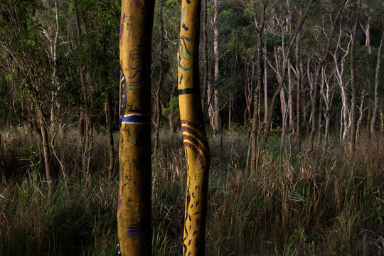 Totems placed by the Butchulla people, the indigenous pleaple of Fraser Island, McKenzie Jetty,  Fraser Island, Australia