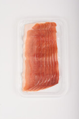 Prosciutto packaging isolated. Spanish jamon slices in plastic bag, parma ham. Sliced serrano,...