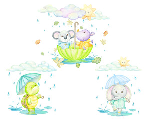 cute tropical animals, with umbrellas, puddles, raindrops, clouds and sun. Watercolor set of cliparts in cartoon style.