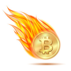 Falling bitcoin symbol on fire isolated on white