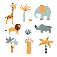 Africa set with cute safari animals and trees for kids design. Baby print. Vector illustration of lion, elephant, rhino and giraffe.