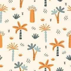 Fototapeta premium Seamless tropical jungle pattern with cute palm trees. Vector childish Africa illustration