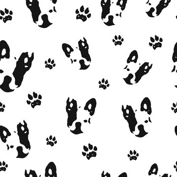 Dog seamless pattern. French bulldog head and dog footprint. Paw. Black and white print. Packaging template, graphic design, textiles, bedding and wallpaper.