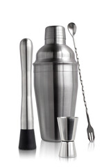 A bartender's set on a white background in isolation. Metal cocktail shaker.
