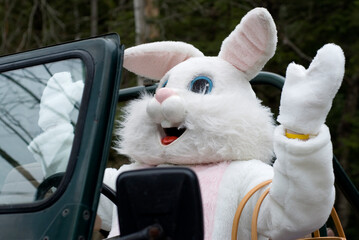 The Easter Bunny celebrates the holiday in his antique jeep.