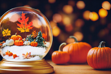 Autumn-themed snow globe with mini pumpkins and fall decorations, surrounded by real pumpkins in a warm seasonal setting
