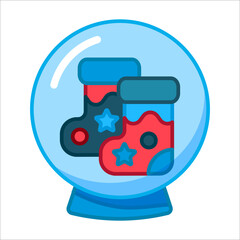 Snow globe with cute socks for gifts. Cute flat vector illustration. Christmas, New Year, minimalism. Design, design of postcards, invitations, websites. Icon, Logo