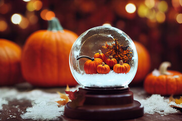 Autumn-themed snow globe with mini pumpkins and fall decorations, surrounded by real pumpkins in a warm seasonal setting