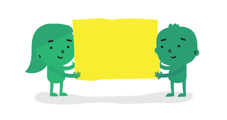 Dibujo garabato en vectores de personajes divertidos estilo caricatura pareja de trabajadores sosteniendo un cartel.