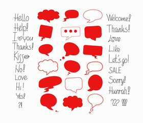Phrases of conversation in bubbles. Online chat clouds with various words, comments, information forms. Suitable for illustrating reactions. Vector illustration, doodle drawings with text.