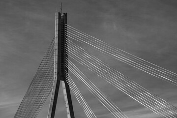 Abstract black and white photo of a cable-stayed bridge support and metal cables on a sky background