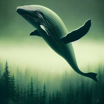 whale humpback flying over forest in green foggy landscape