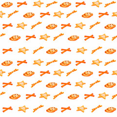 Cookies and other sweets. Seamless watercolor pattern. Design for wrapping paper, packaging, scrapbooking, stationery, textile, fabric, wallpaper, menu and more.