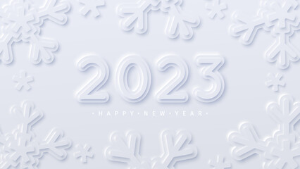 Happy New Year vector illustration, greeting card.. 2023 number realistic design on light background. Large abstract snowflakes around. 