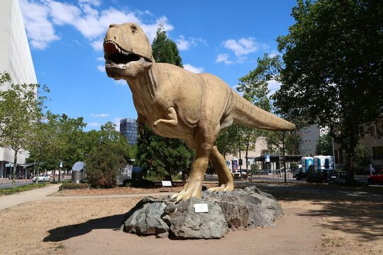 Life-size model of a Tyrannosaurus rex in front of the Senckenberg Museum in Frankfurt, Germany