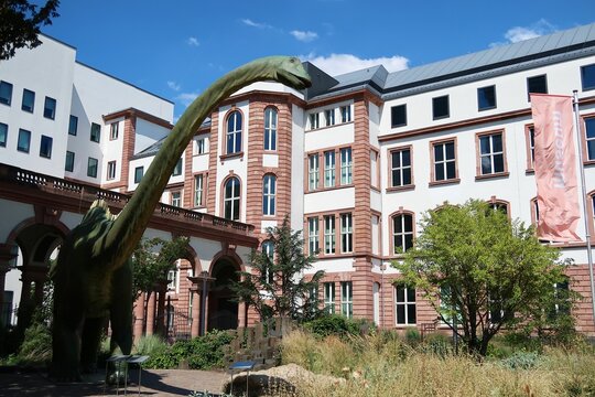 Life-size model of a dinosaur in front of the Senckenberg Museum in Frankfurt, Germany