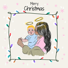 Merry Christmas, hand drawn illustration of a beautiful mother with a newborn baby
