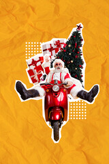 3d retro abstract creative artwork template collage of funny funky santa claus driving fast hurry...