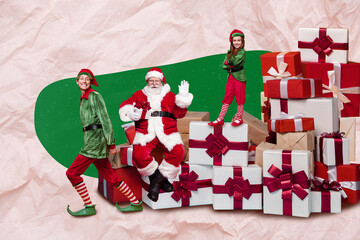 Composite collage image of santa claus sitting stack presents gifts box wave hand elfs helpers workshop deliver ribbons bows banner - Powered by Adobe