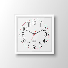 Vector 3d Realistic White Square Wall Office Clock, Design Template Isolated. White Frame, White Dial, Mock-up of Wall Clock for Branding and Advertise Isolated. Clock Face Design