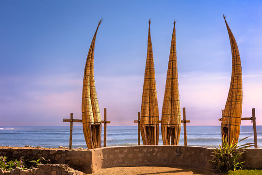 Traditional reed boats, called Caballitos de Totora, on the beach of Huanchaco, Trujillo, Peru