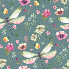 Seamless pattern with delicate flowers, plants and dragonflies. watercolor illustration on a green background.